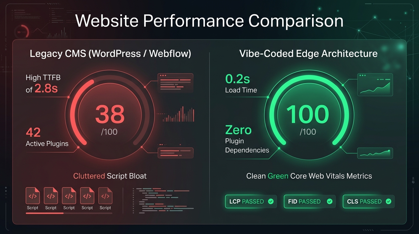 Website Performance Comparison: a legacy CMS such as WordPress or Webflow scores 38/100 with a 2.8-second TTFB and 42 active plugins, while a vibe-coded edge architecture scores 100/100 with a 0.2-second load time, zero plugin dependencies and passing LCP, FID and CLS Core Web Vitals.